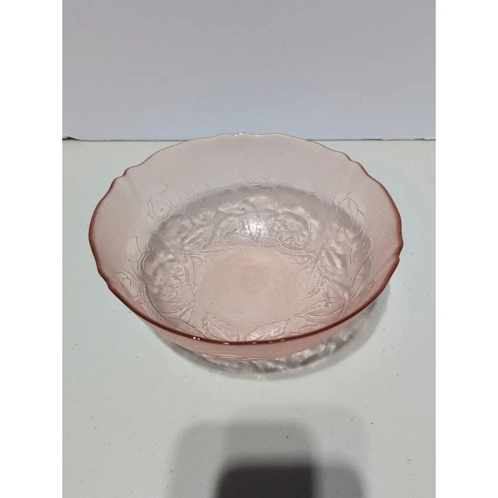 Vintage Pink Arcoroc Rosaline Rose Frosted Bowl Floral Design Luminarc France